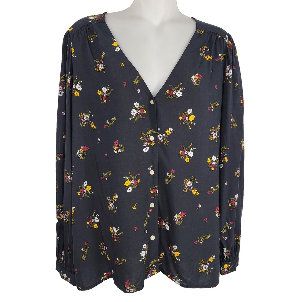 GAP Womens Button Front Top Size M Black Ditsy Floral Long Sleeve V Neck Rayon